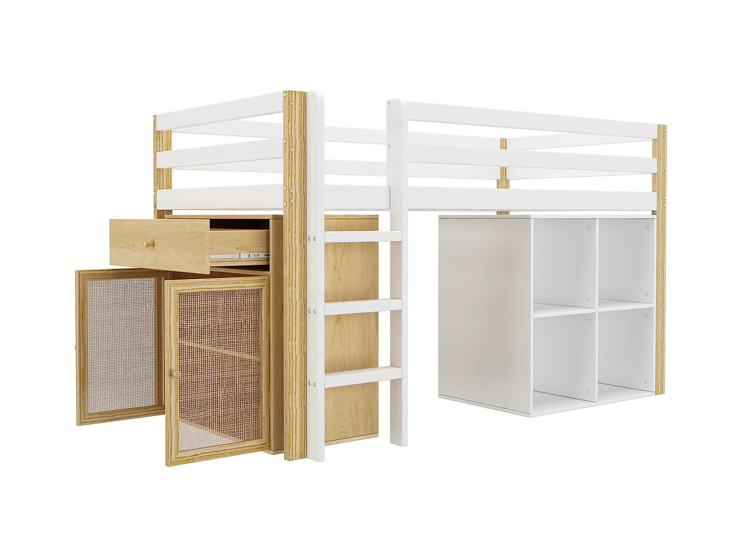 Lit mezzanine enfant 90x200cm avec armoir, tiroirs et barrières anti-chute, cadre en bois, naturel et blanc, sans matelas