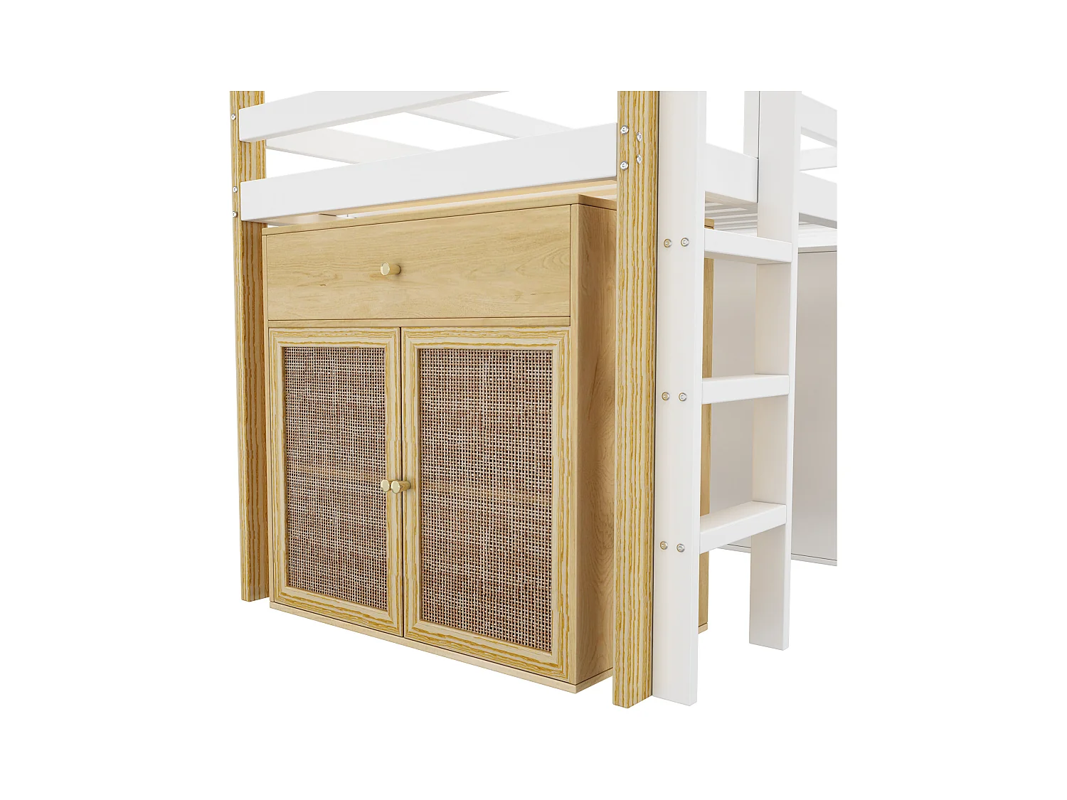 Lit mezzanine enfant 90x200cm avec armoir, tiroirs et barrières anti-chute, cadre en bois, naturel et blanc, sans matelas