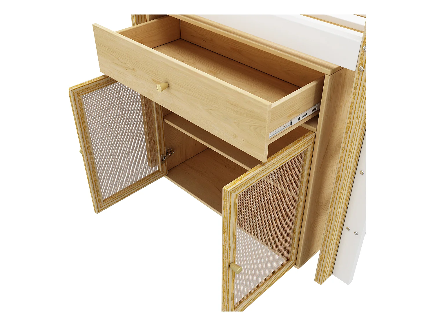 Lit mezzanine enfant 90x200cm avec armoir, tiroirs et barrières anti-chute, cadre en bois, naturel et blanc, sans matelas