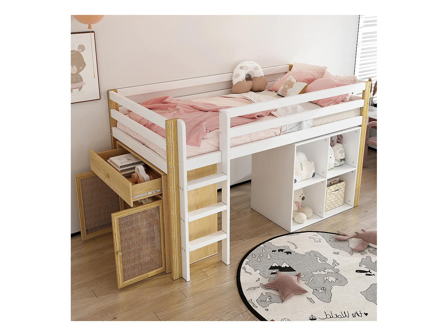 Halfhoogslaper voor kinderen 90x200 cm met kast, lades en valbeveiliging, houten frame, naturel en wit, zonder matras