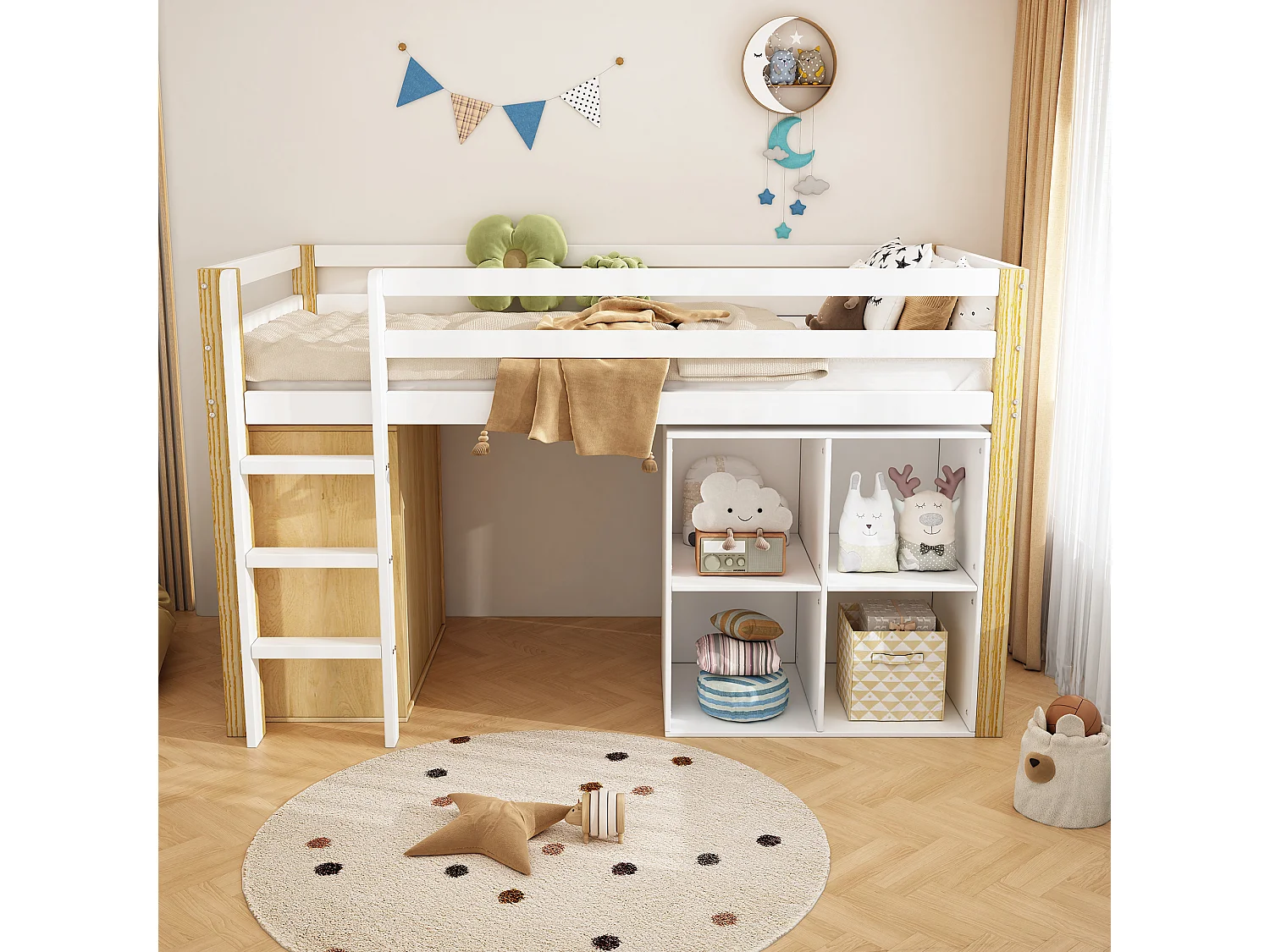 Lit mezzanine enfant 90x200cm avec armoir, tiroirs et barrières anti-chute, cadre en bois, naturel et blanc, sans matelas