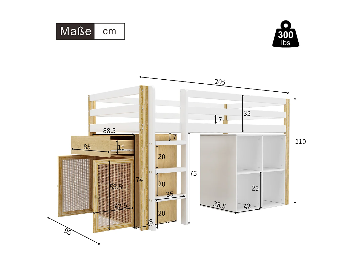 Lit mezzanine enfant 90x200cm avec armoir, tiroirs et barrières anti-chute, cadre en bois, naturel et blanc, sans matelas