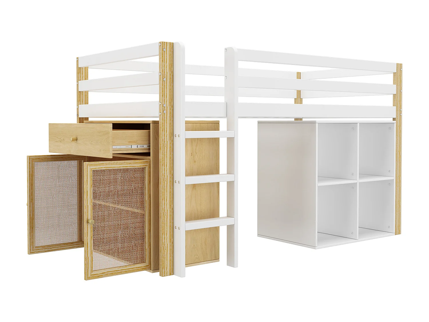 Lit mezzanine enfant 90x200cm avec armoir, tiroirs et barrières anti-chute, cadre en bois, naturel et blanc, sans matelas