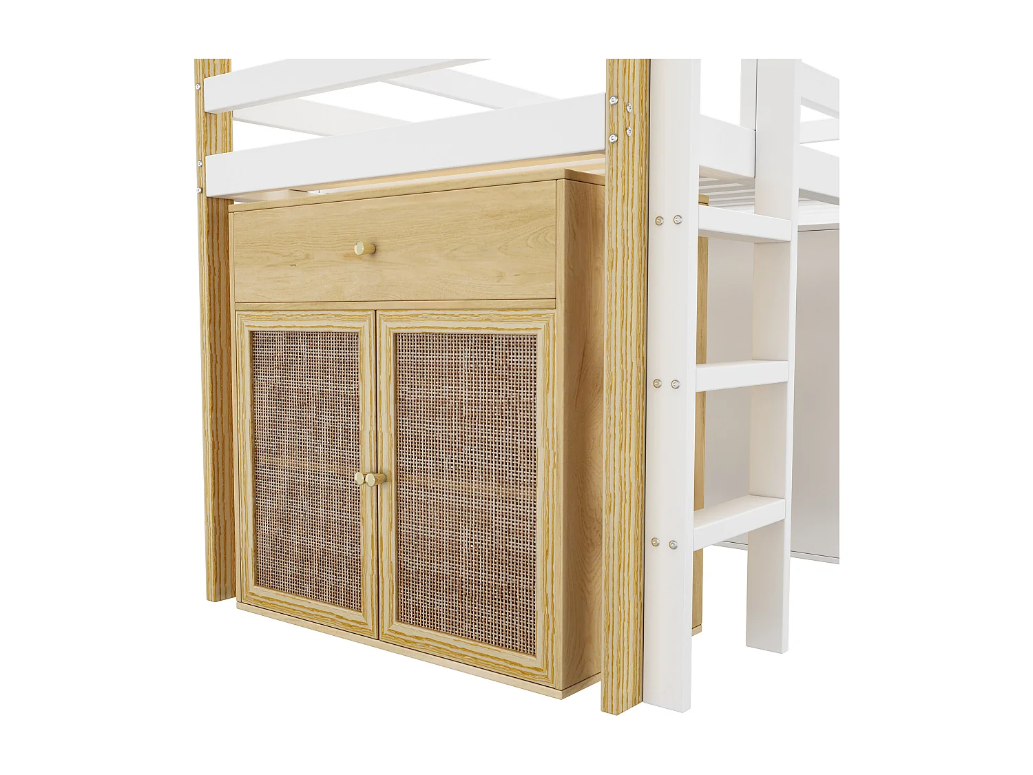 Lit mezzanine enfant 90x200cm avec armoir, tiroirs et barrières anti-chute, cadre en bois, naturel et blanc, sans matelas