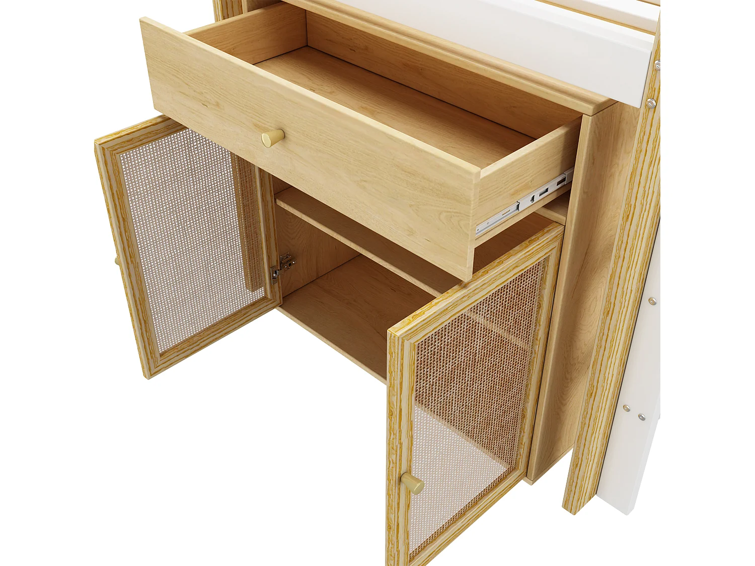 Lit mezzanine enfant 90x200cm avec armoir, tiroirs et barrières anti-chute, cadre en bois, naturel et blanc, sans matelas