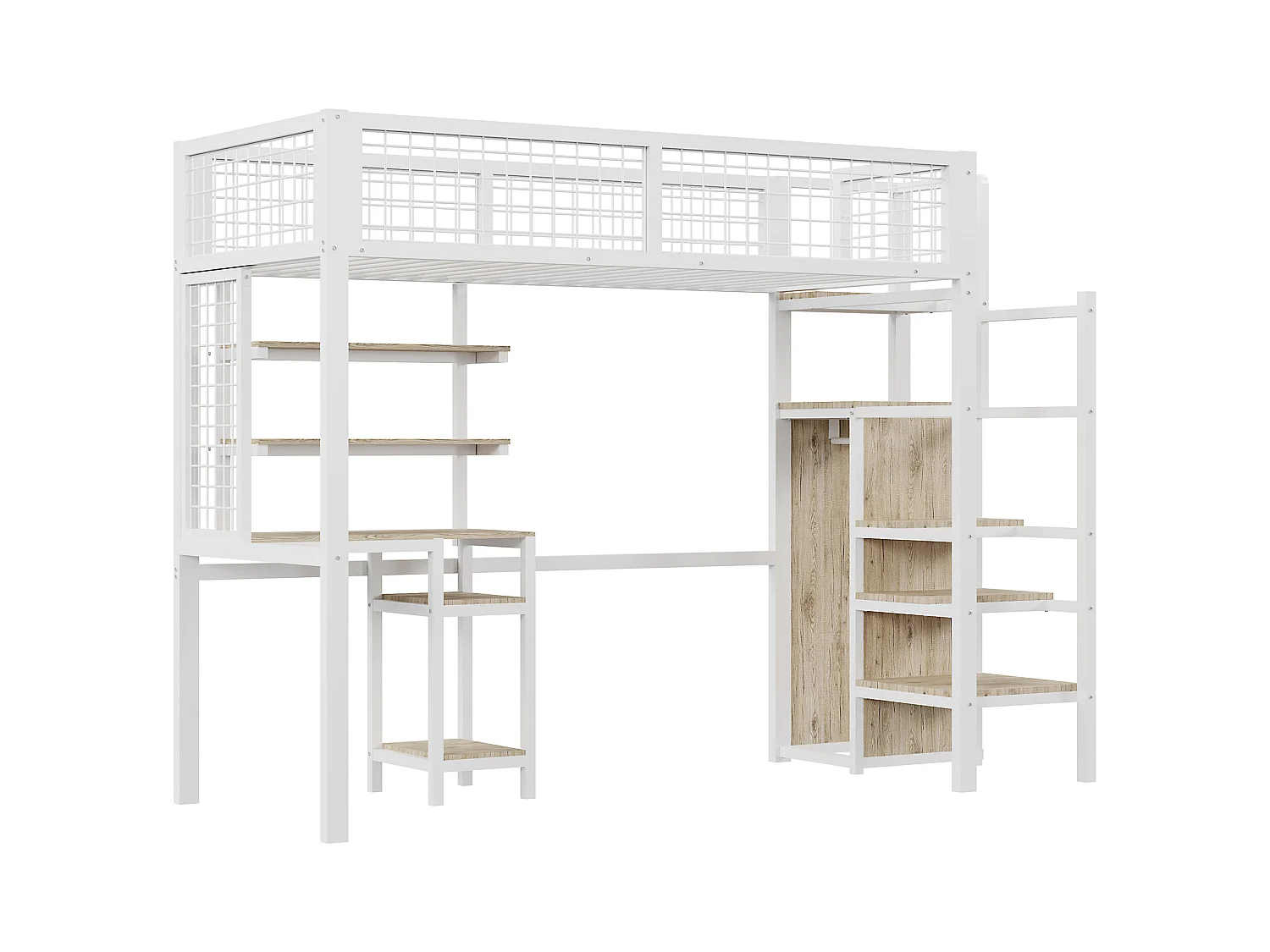 Lit mezzanine enfant 90x200cm avec armoir ouvert, bureau et barrières anti-chute, cadre en métal,blanc, sans matelas