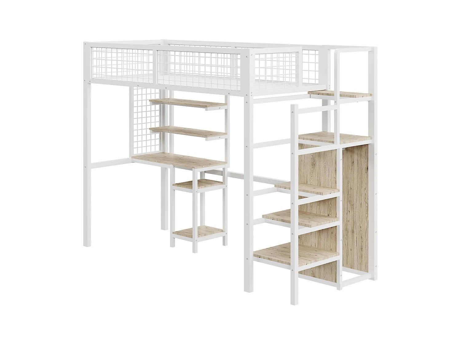 Lit mezzanine enfant 90x200cm avec armoir ouvert, bureau et barrières anti-chute, cadre en métal,blanc, sans matelas
