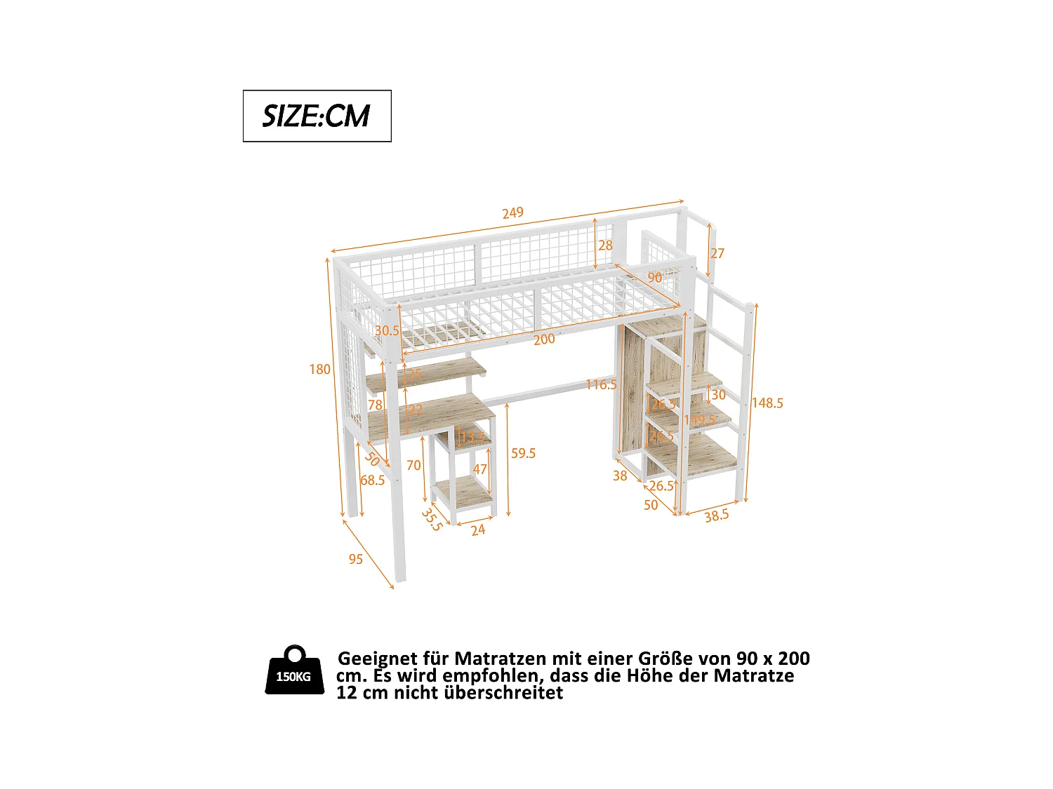 Lit mezzanine enfant 90x200cm avec armoir ouvert, bureau et barrières anti-chute, cadre en métal,blanc, sans matelas