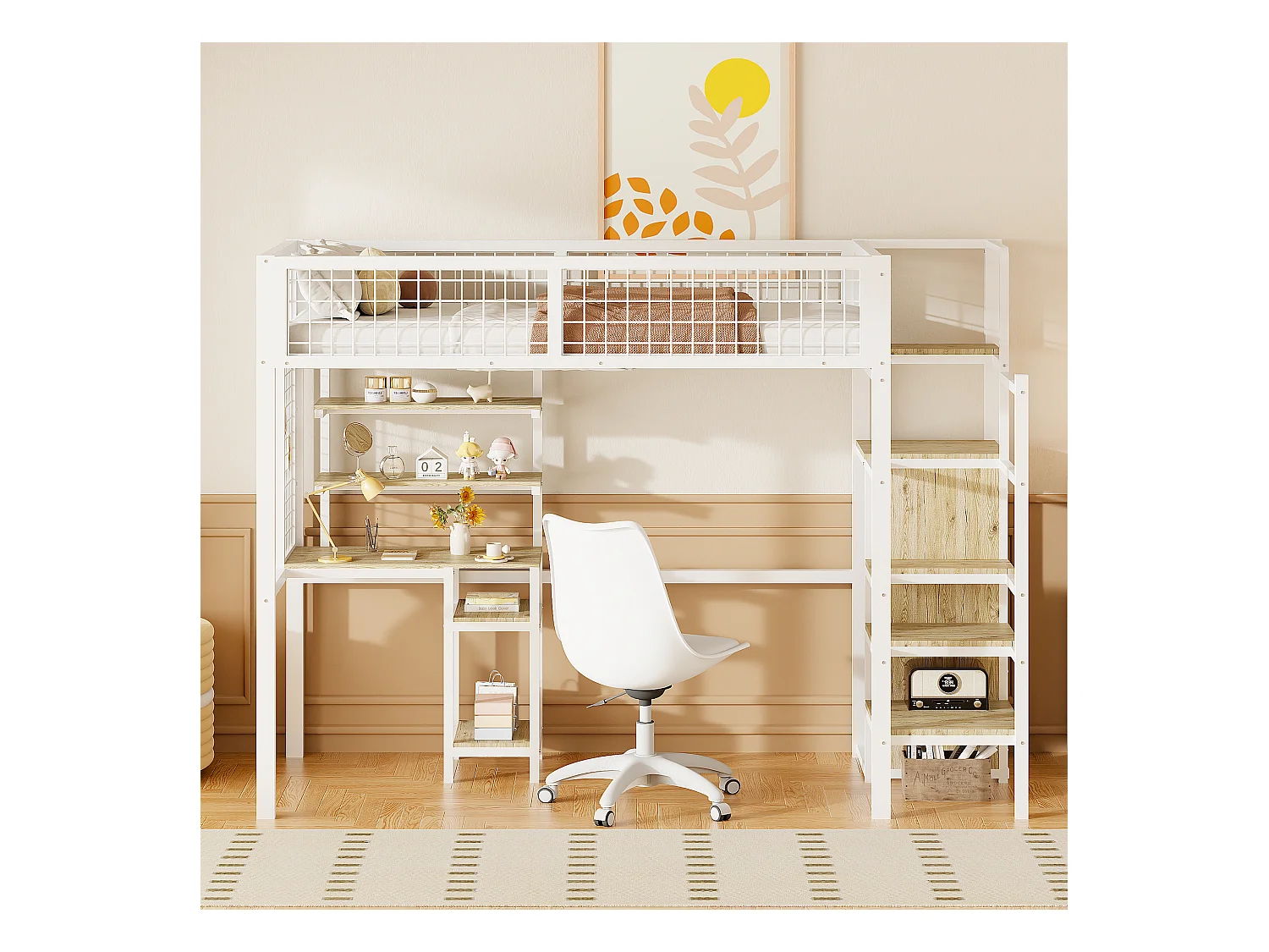 Lit mezzanine enfant 90x200cm avec armoir ouvert, bureau et barrières anti-chute, cadre en métal,blanc, sans matelas