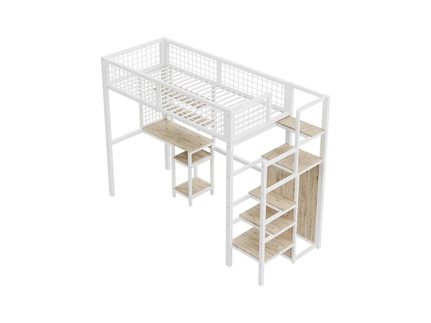 Lit mezzanine enfant 90x200cm avec armoir ouvert, bureau et barrières anti-chute, cadre en métal,blanc, sans matelas