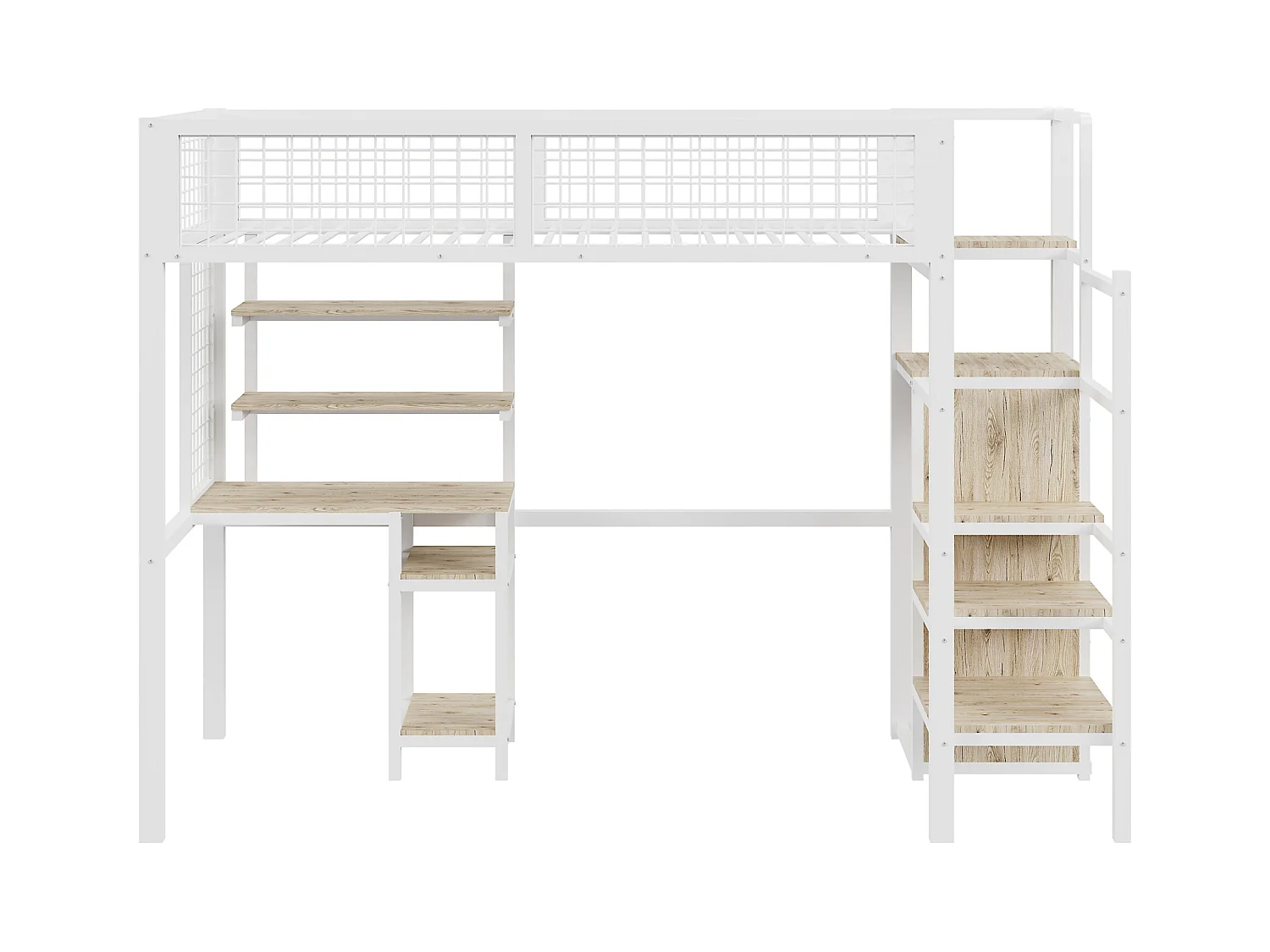 Lit mezzanine enfant 90x200cm avec armoir ouvert, bureau et barrières anti-chute, cadre en métal,blanc, sans matelas