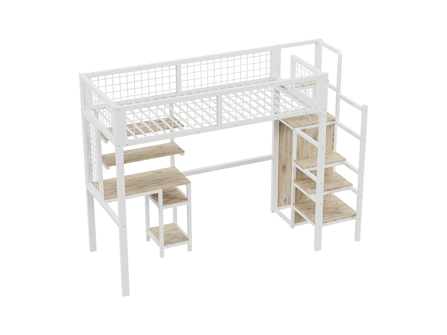 Lit mezzanine enfant 90x200cm avec armoir ouvert, bureau et barrières anti-chute, cadre en métal,blanc, sans matelas