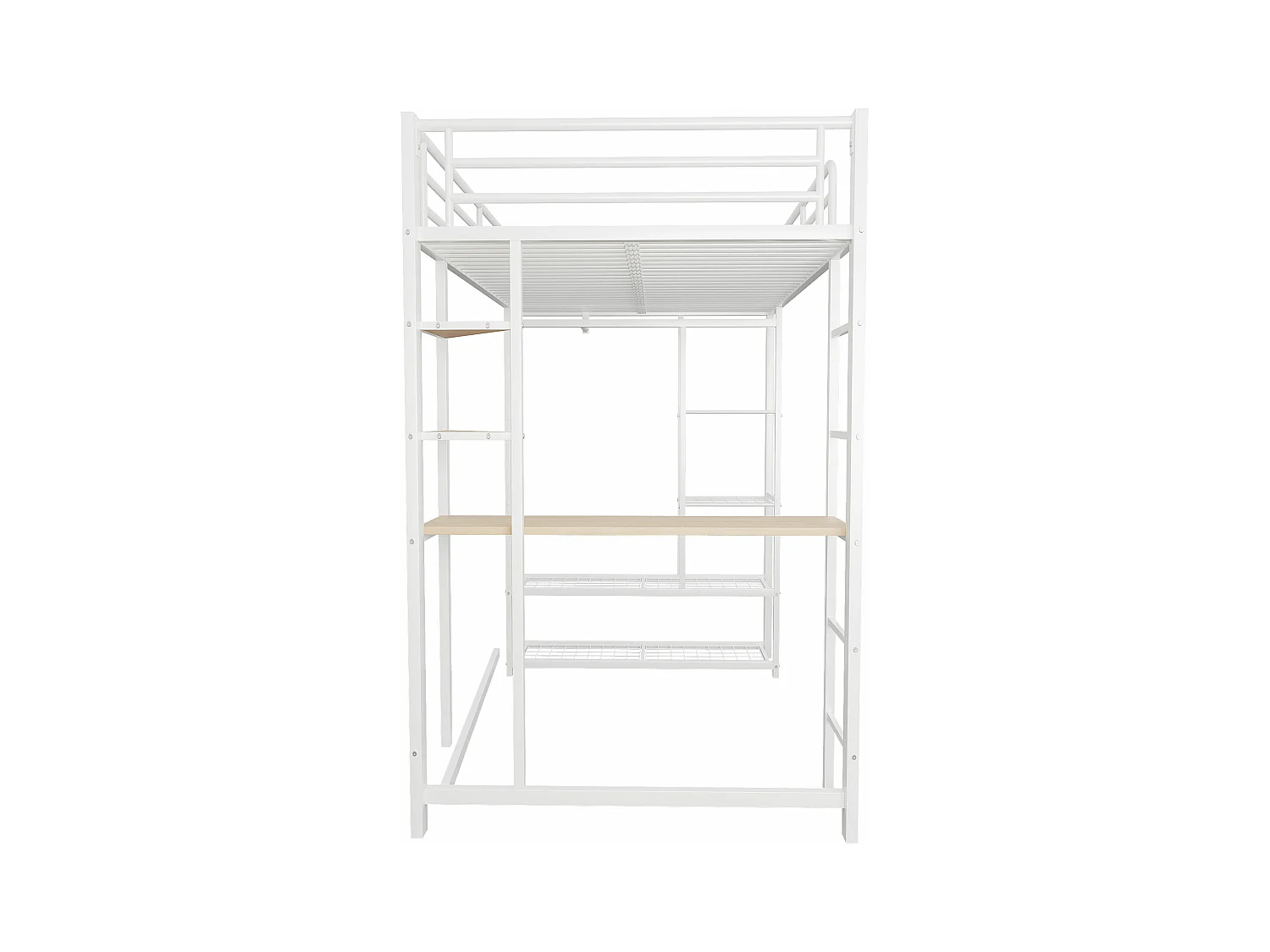 Lit mezzanine enfant 90x200cm en fer blanc avec bureau, escalier et Etagère, sommier inclus, sans matelas