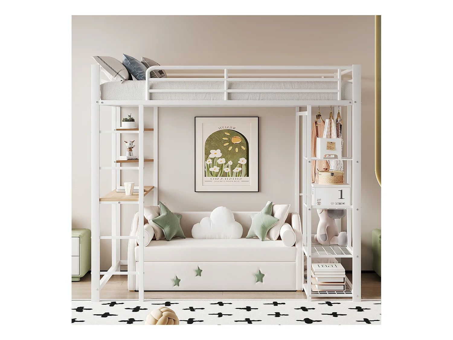 Lit mezzanine enfant 90x200cm en fer blanc avec bureau, escalier et Etagère, sommier inclus, sans matelas
