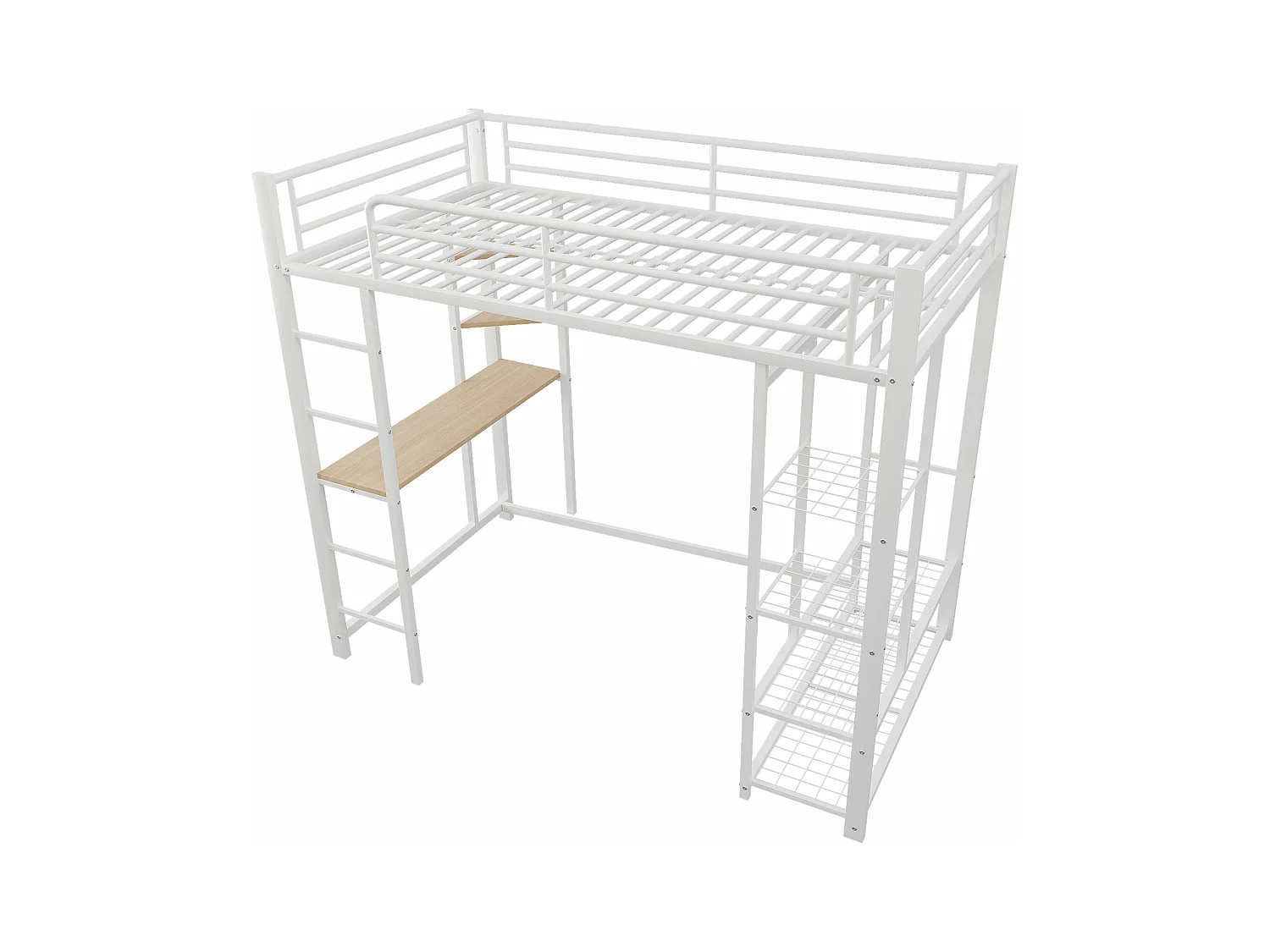Lit mezzanine enfant 90x200cm en fer blanc avec bureau, escalier et Etagère, sommier inclus, sans matelas