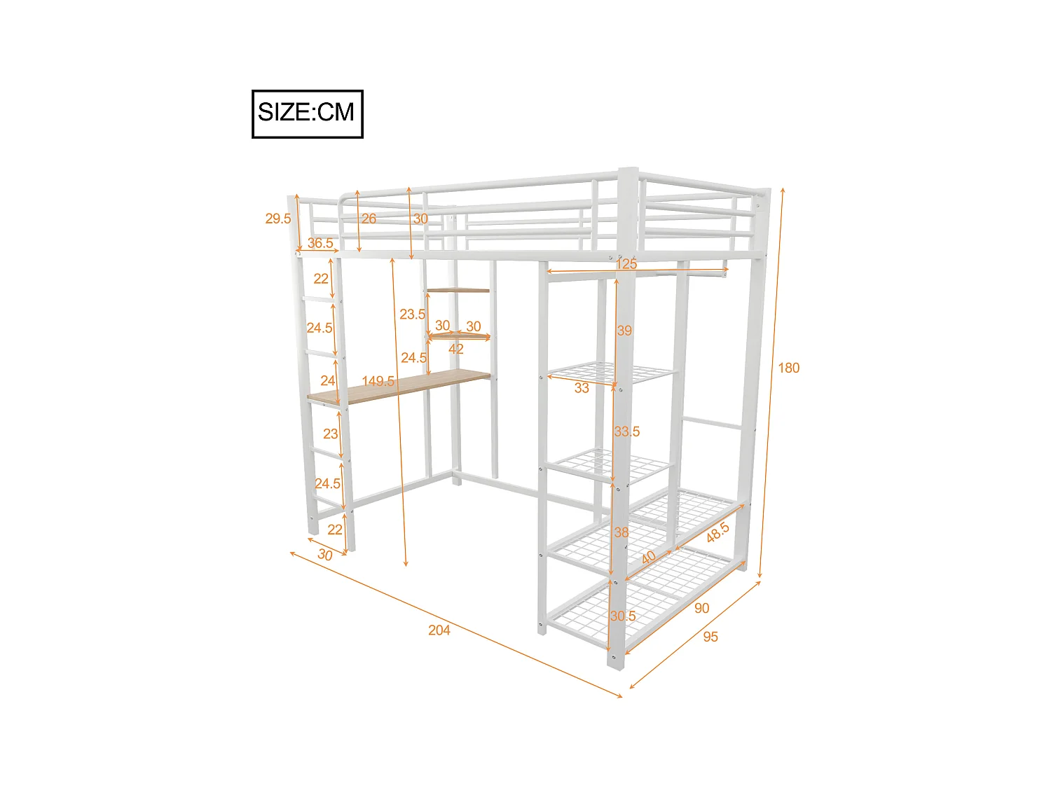 Lit mezzanine enfant 90x200cm en fer blanc avec bureau, escalier et Etagère, sommier inclus, sans matelas
