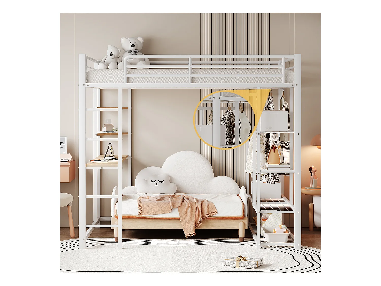 Lit mezzanine enfant 90x200cm en fer blanc avec bureau, escalier et Etagère, sommier inclus, sans matelas