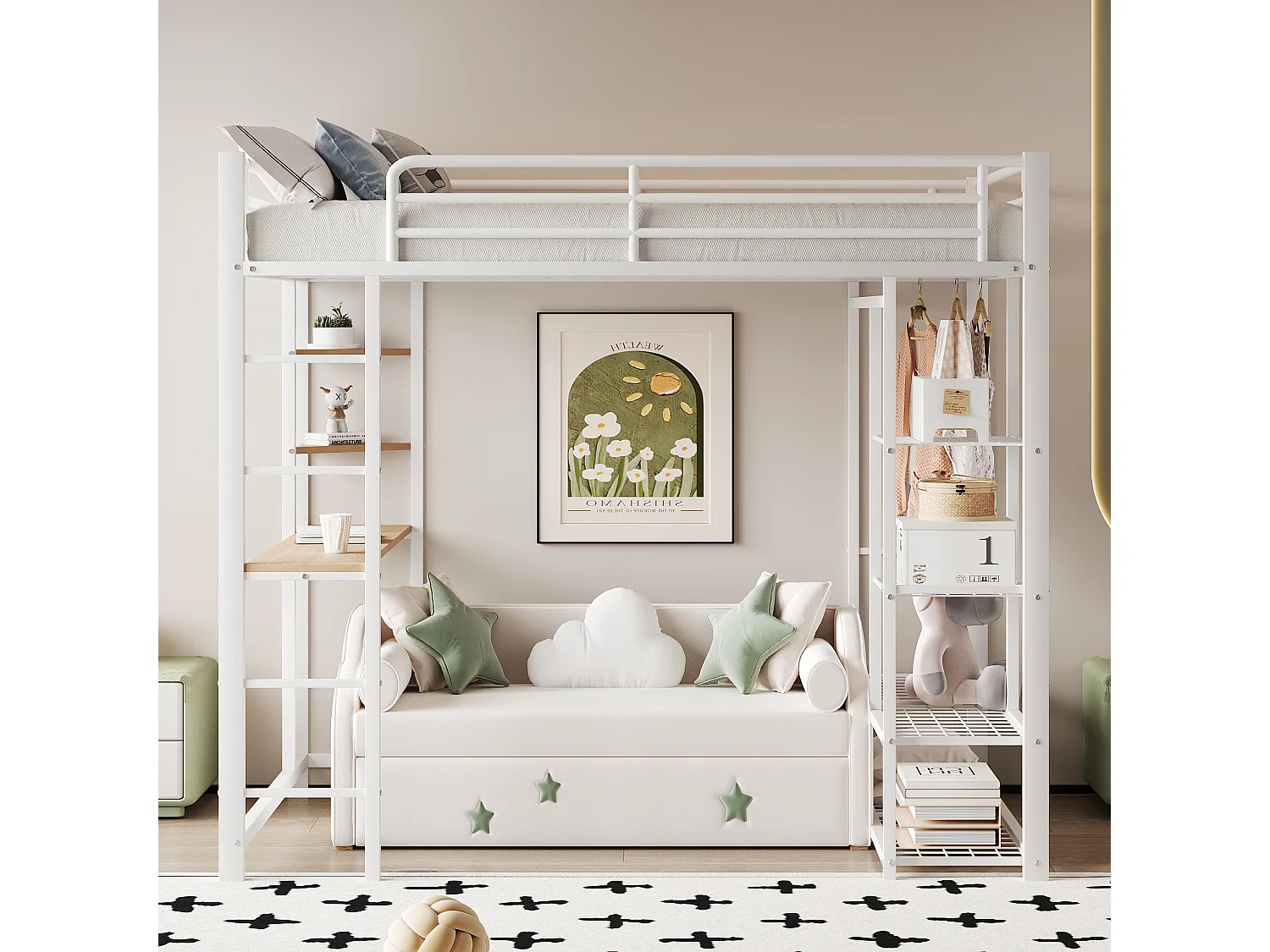Lit mezzanine enfant 90x200cm en fer blanc avec bureau, escalier et Etagère, sommier inclus, sans matelas