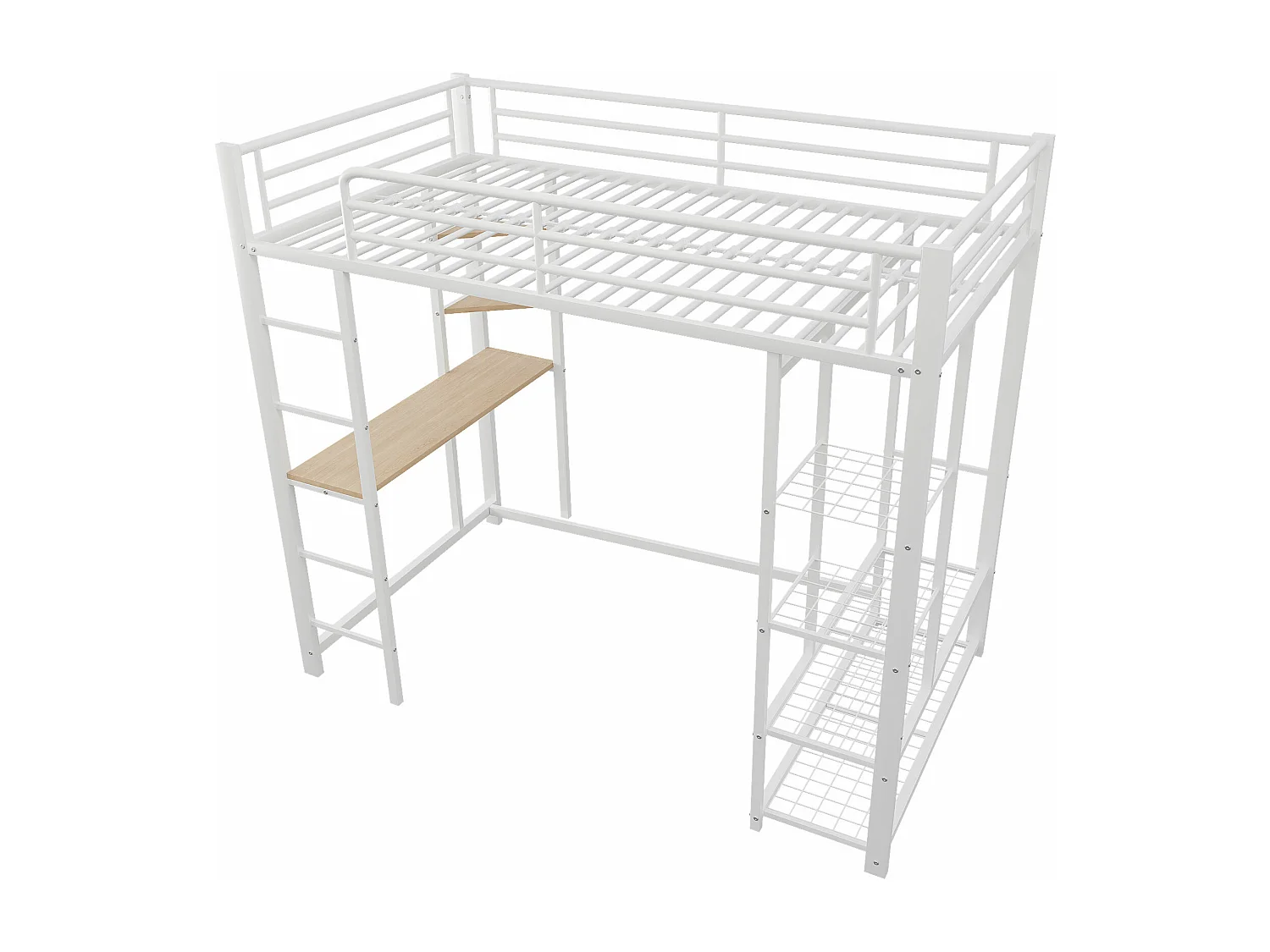 Lit mezzanine enfant 90x200cm en fer blanc avec bureau, escalier et Etagère, sommier inclus, sans matelas