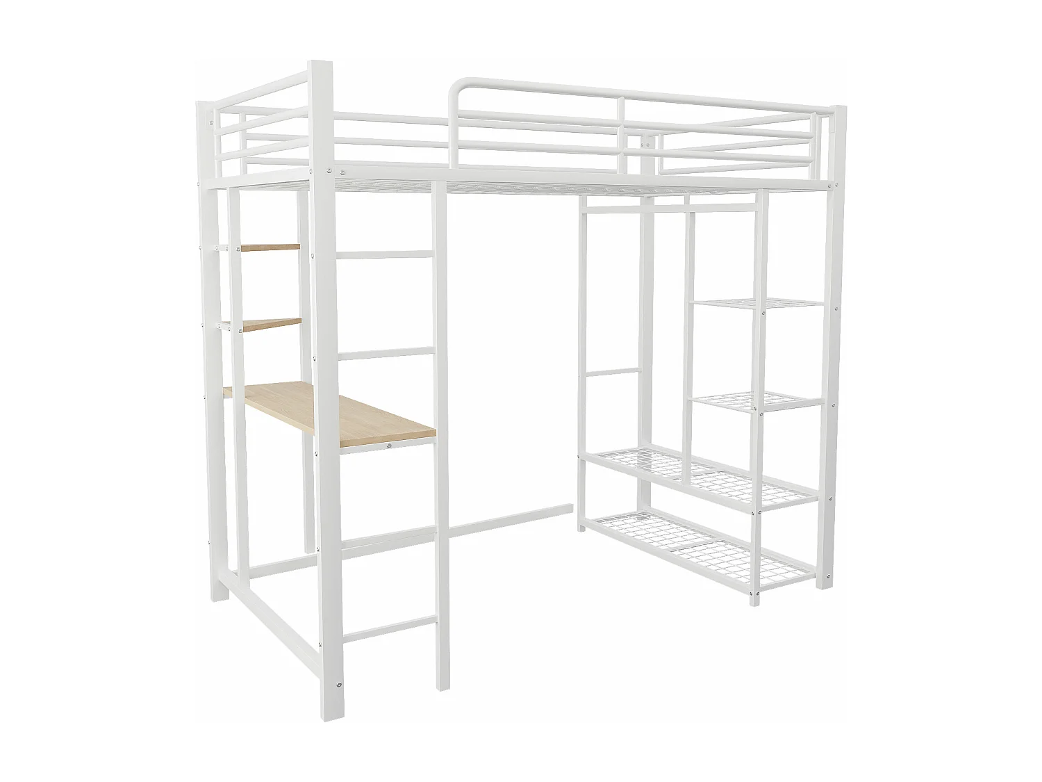 Lit mezzanine enfant 90x200cm en fer blanc avec bureau, escalier et Etagère, sommier inclus, sans matelas