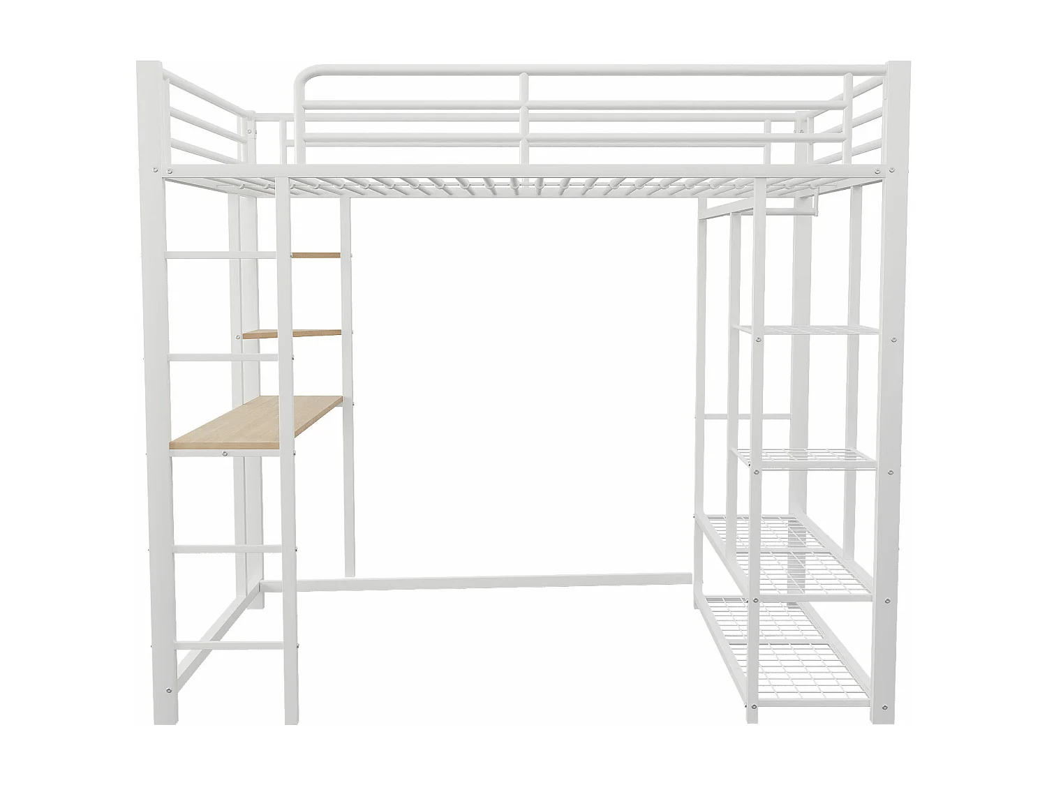Lit mezzanine enfant 90x200cm en fer blanc avec bureau, escalier et Etagère, sommier inclus, sans matelas