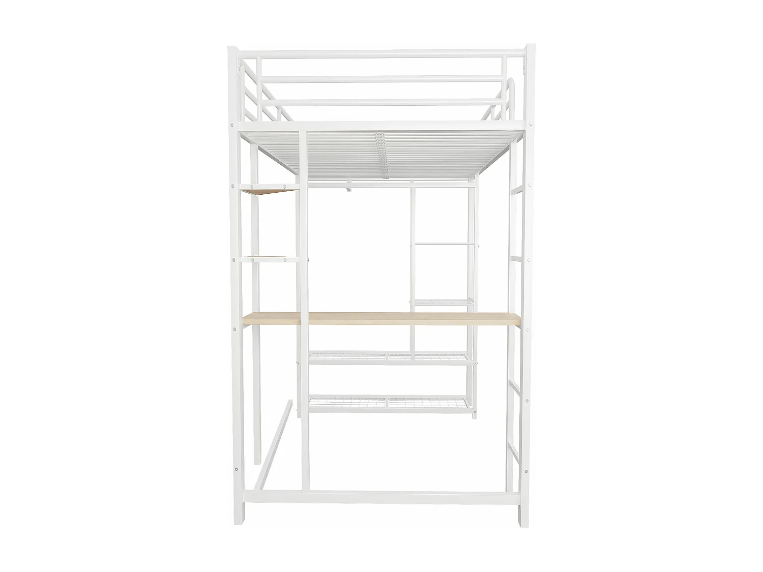 Lit mezzanine enfant 90x200cm en fer blanc avec bureau, escalier et Etagère, sommier inclus, sans matelas