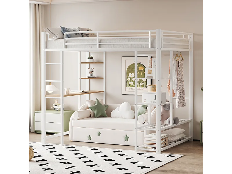 Cama alta infantil 90x200 cm em metal branco com secretária, escada e prateleira, estrado incluído, sem colchão