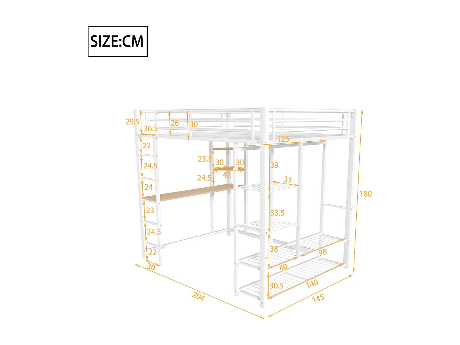 Lit mezzanine enfant 140x200cm en fer blanc avec bureau, escalier et Etagère, sommier inclus, sans matelas