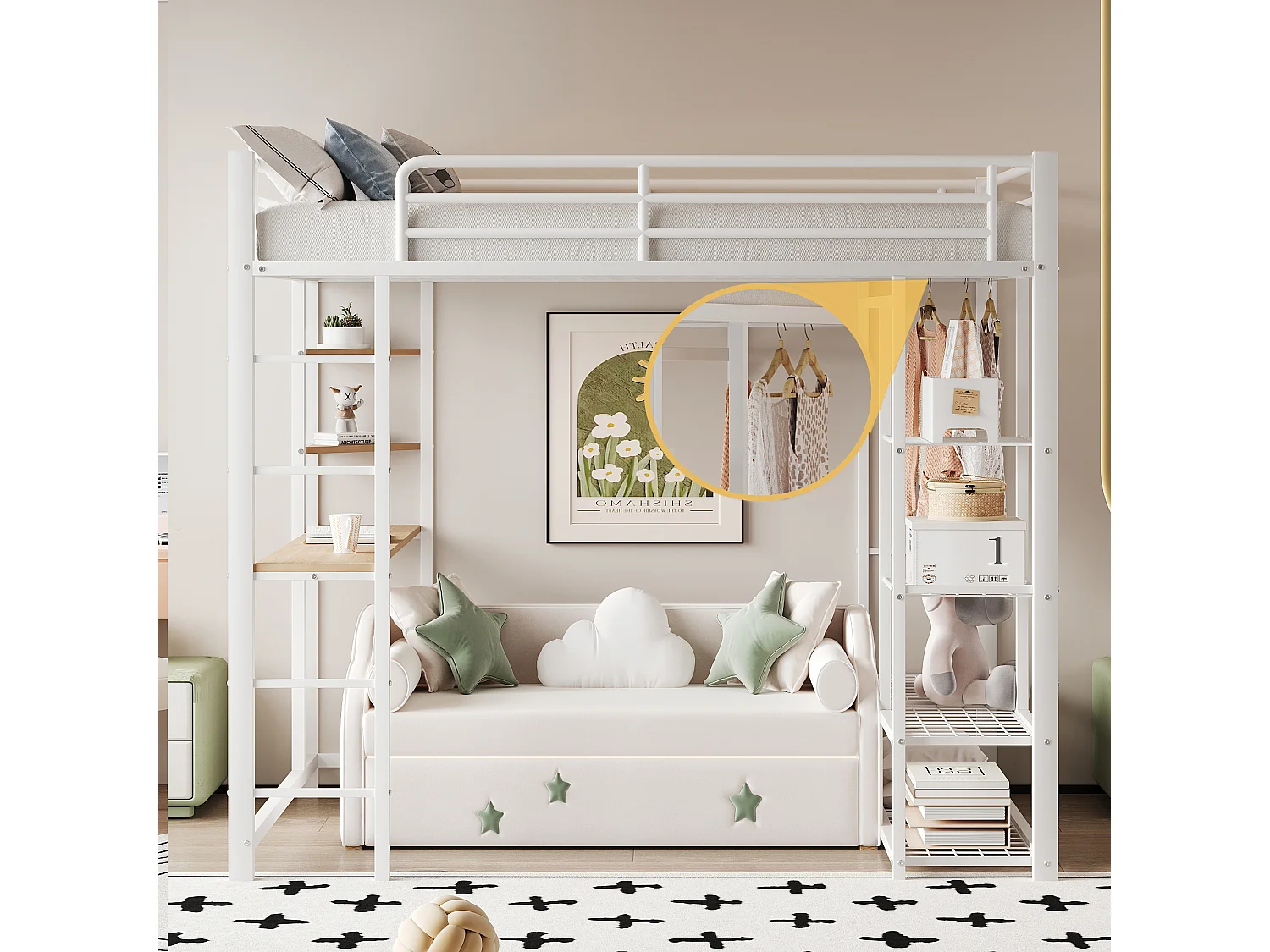 Lit mezzanine enfant 140x200cm en fer blanc avec bureau, escalier et Etagère, sommier inclus, sans matelas