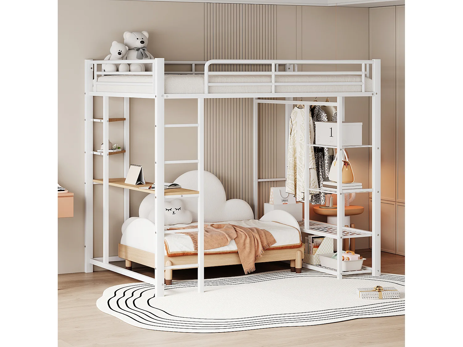 Lit mezzanine enfant 140x200cm en fer blanc avec bureau, escalier et Etagère, sommier inclus, sans matelas
