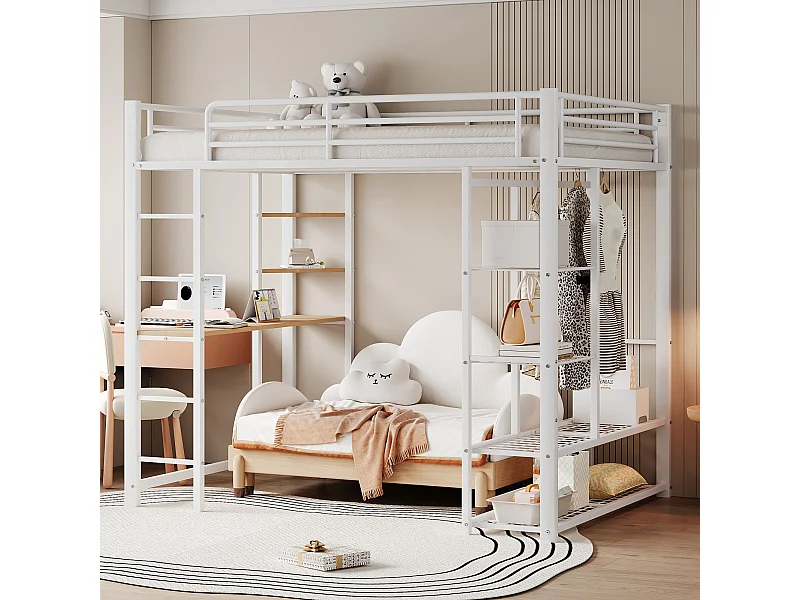 Hoogslaper kind 140x200 cm van wit metaal met bureau, trap en plank, lattenbodem inbegrepen, zonder matras