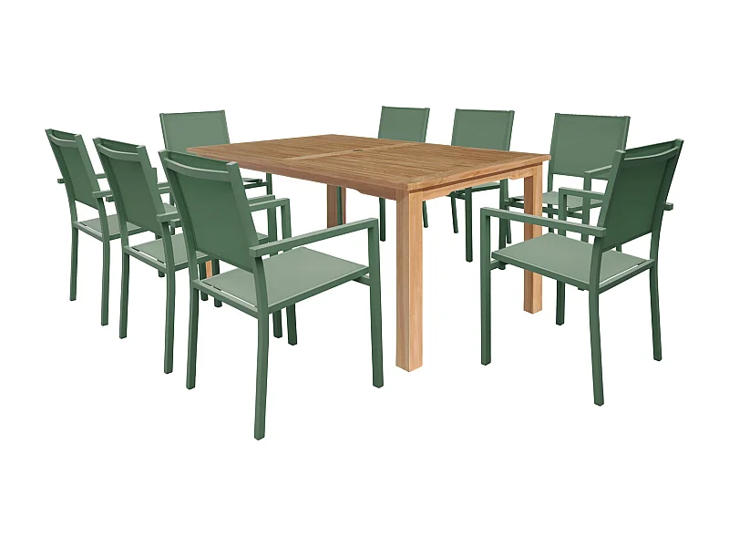 Salon de jardin en teck JAVA avec chaises en aluminium vert sauge - 8 places - HAPPY GARDEN