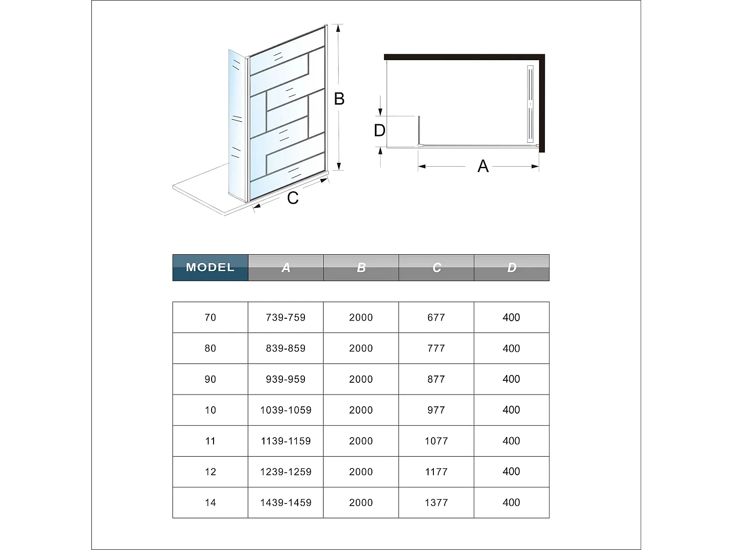 Douchewand-Inloopdouche 140cm draaibaar 40cm 8mm NANO EasyClean onregelmatig zwart rooster gezeefdruktglas+140cm Stabilisatiestang kan worden gesneden