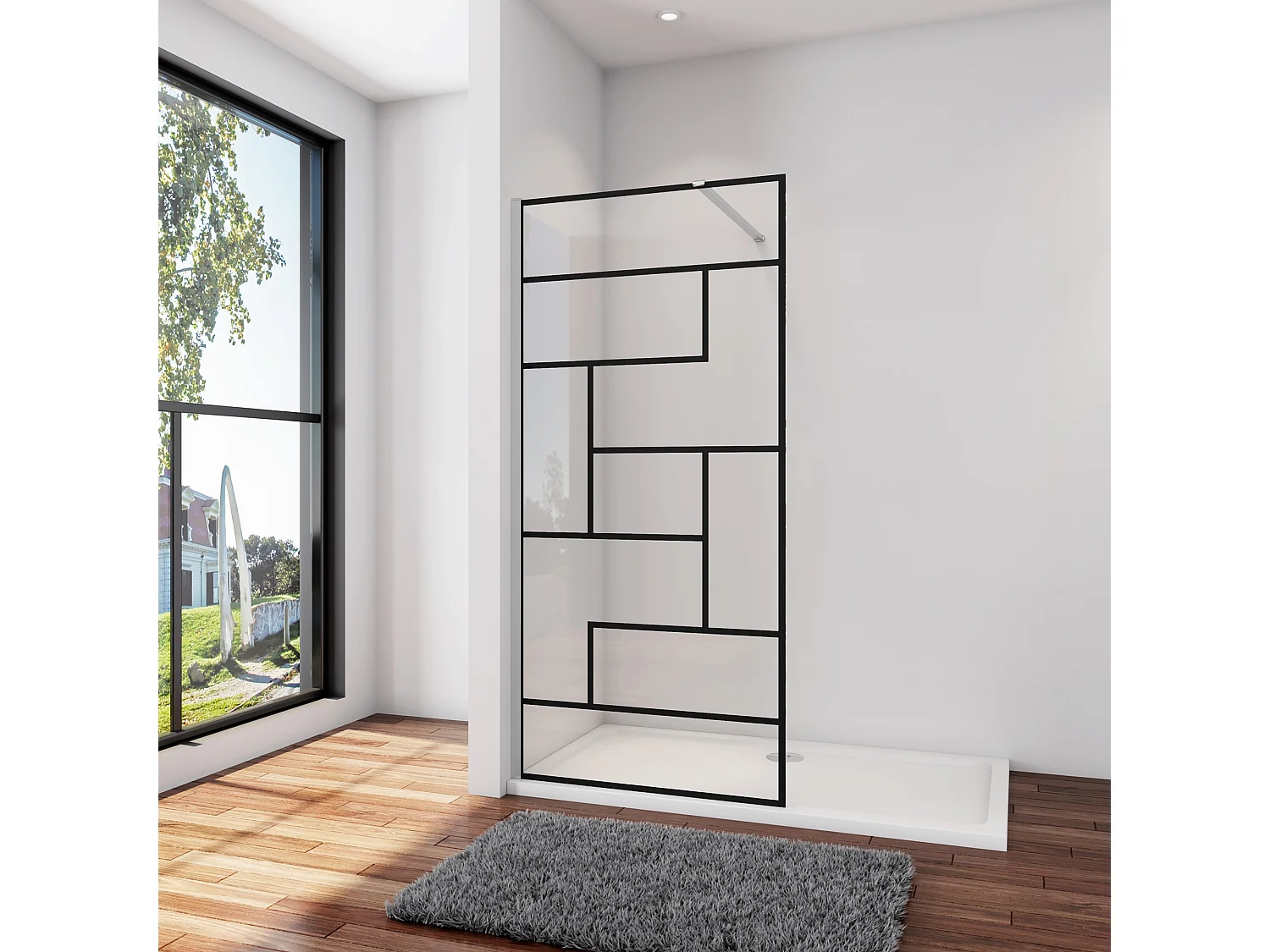 Douchewand-Inloopdouche 80x200cm 8mm NANO Easyclean zwart raster gezeefdrukt gehard glas glanzend chroom 90cm stabilisatiestang(kan worden gesneden)