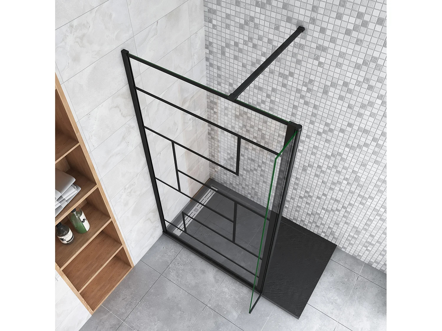 Douchewand-Inloopdouche 100cm draaibaar 30cm 8mm NANO EasyClean onregelmatig zwart rooster gezeefdruktglas+140cm Stabilisatiestang kan worden gesneden
