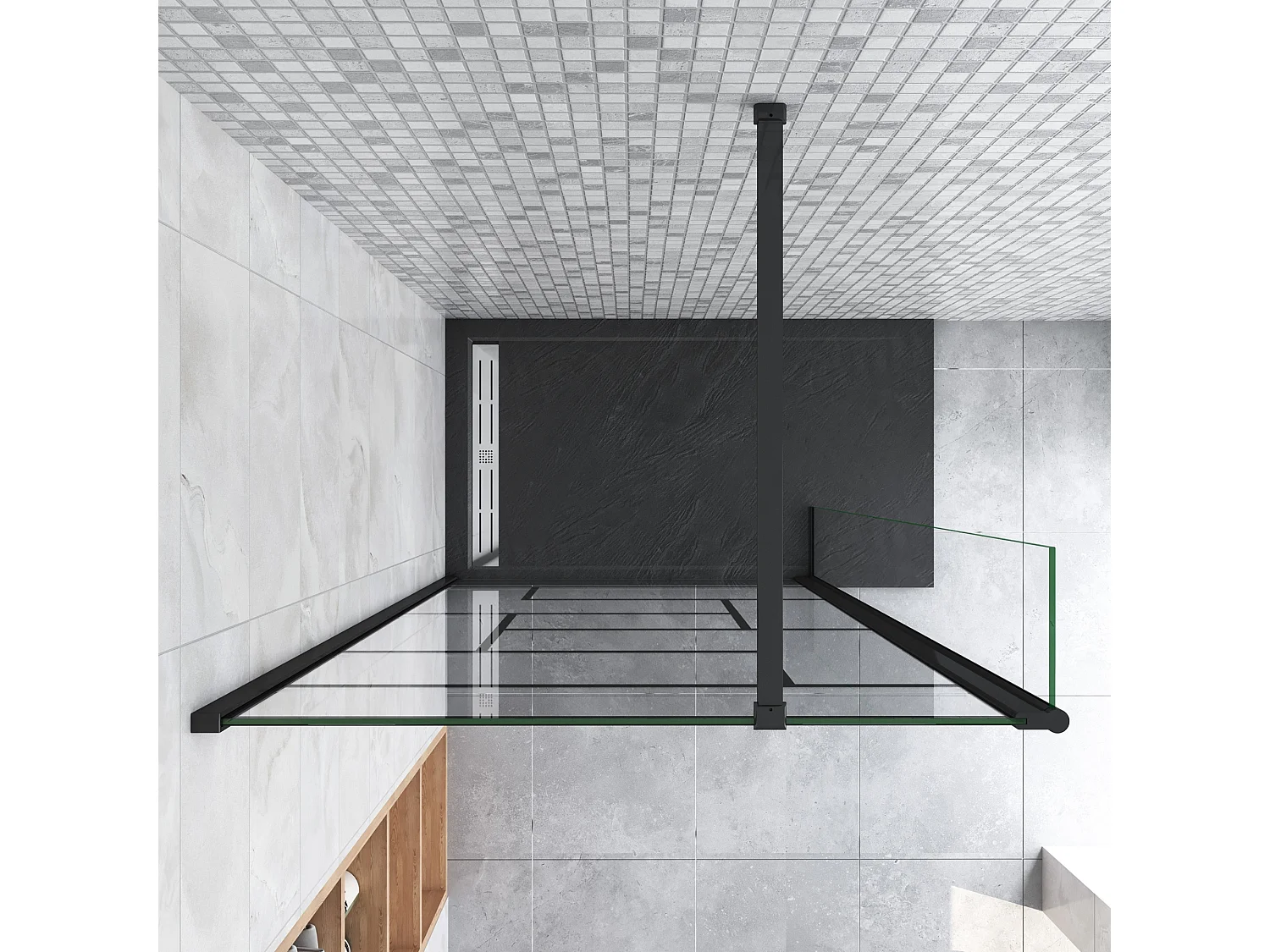 Douchewand-Inloopdouche 100cm draaibaar 30cm 8mm NANO EasyClean onregelmatig zwart rooster gezeefdruktglas+140cm Stabilisatiestang kan worden gesneden