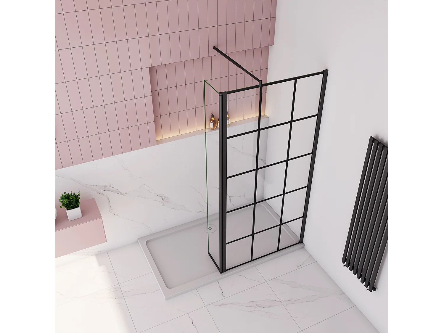 Douchewand-Inloopdouche 120cm draaibaar 30cm 8mm NANO EasyClean onregelmatig zwart rooster gezeefdruktglas 70-120cm Stabilisatiestang inkortbaar