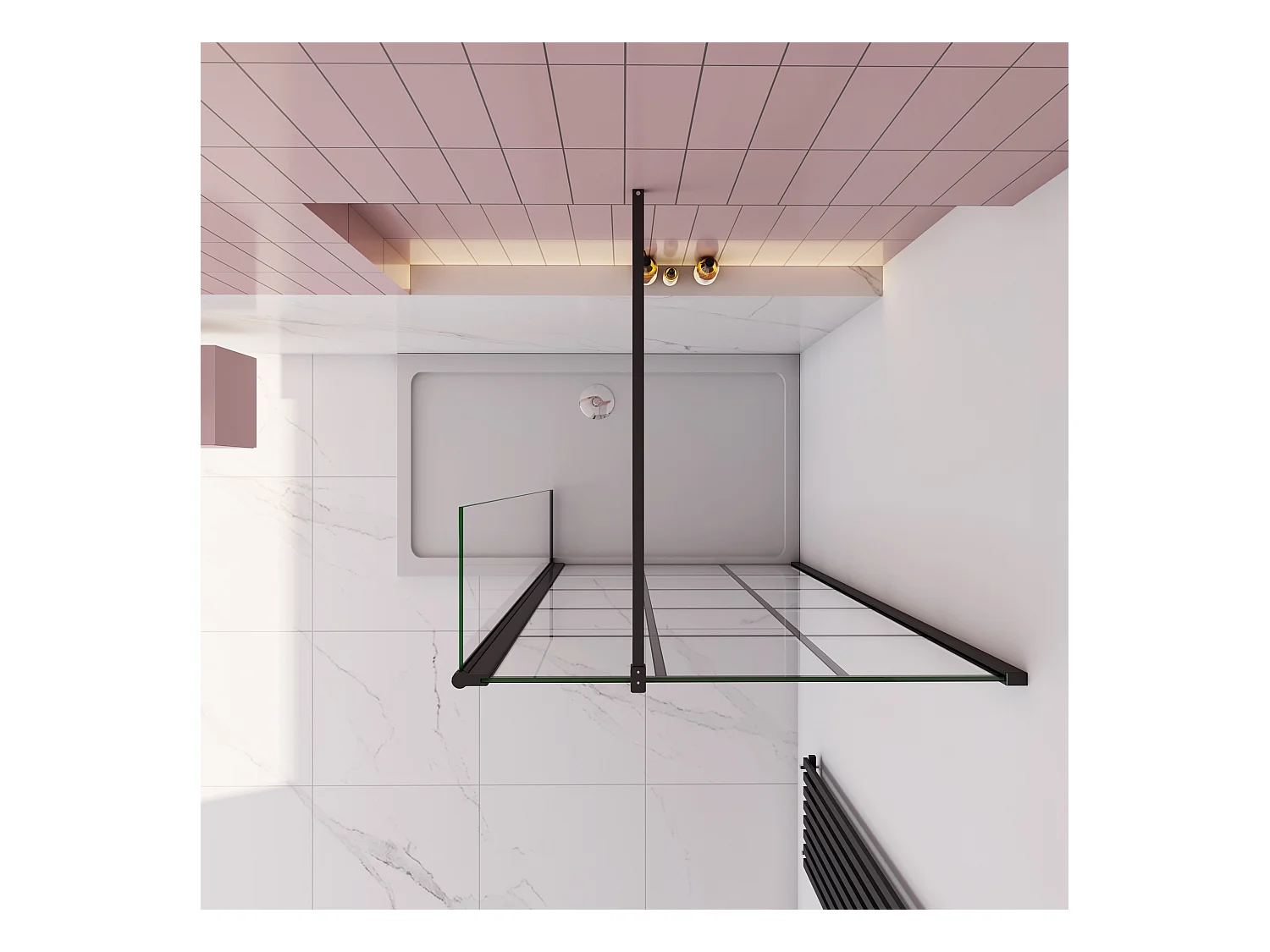 Douchewand-Inloopdouche 100cm draaibaar 40cm 8mm NANO EasyClean onregelmatig zwart rooster gezeefdruktglas 140cm Stabilisatiestang kan worden gesneden