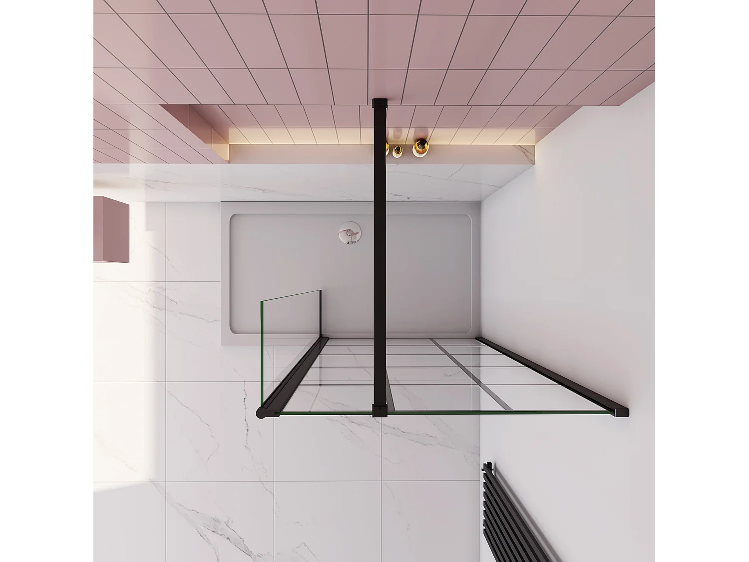 Douchewand-Inloopdouche 90cm draaibaar 30cm 8mm NANO EasyClean onregelmatig zwart rooster gezeefdruktglas 90cm Stabilisatiestang kan worden gesneden