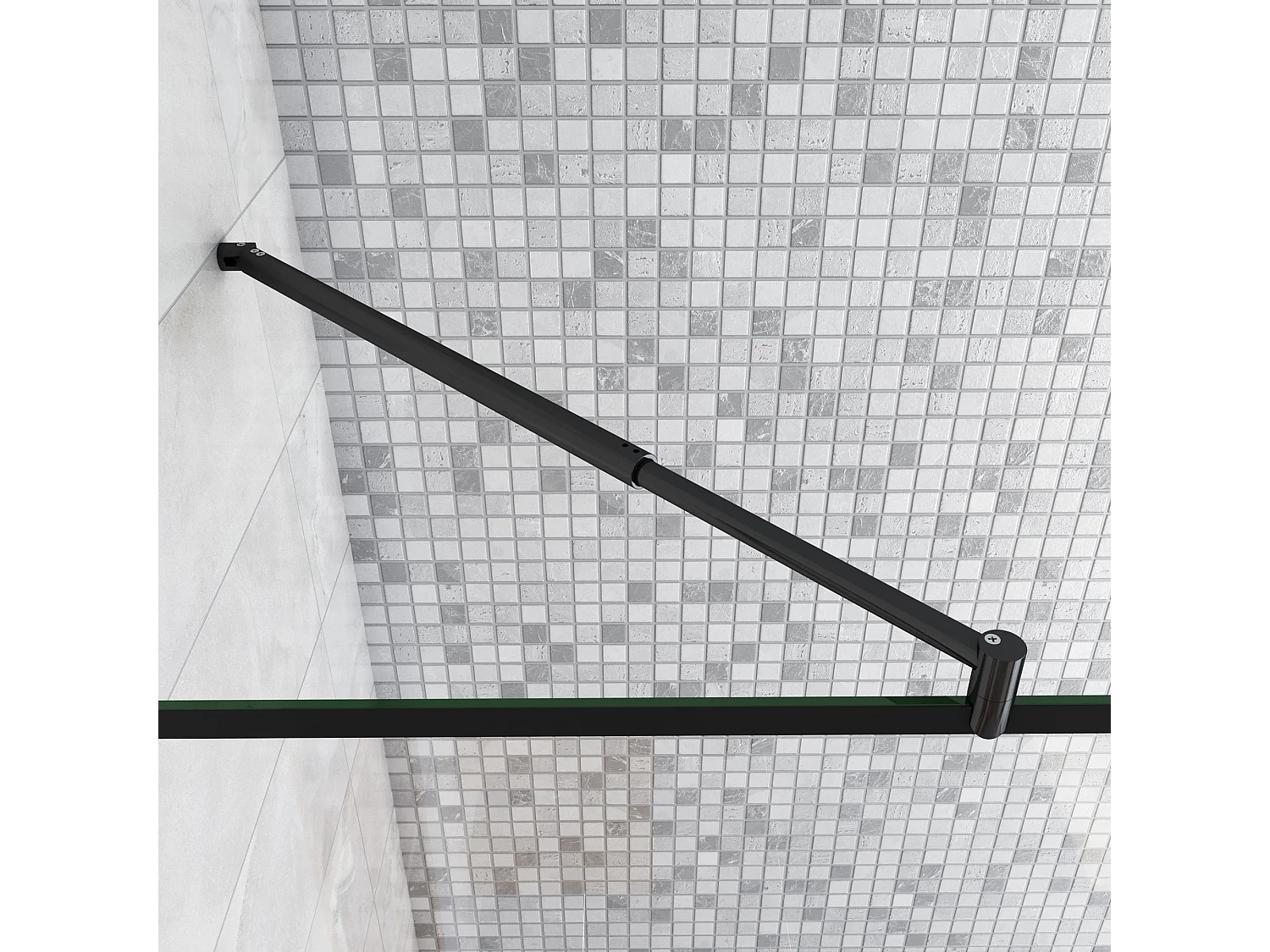 Douchewand-Inloopdouche 80cm draaibaar 30cm 8mm NANO EasyClean onregelmatig zwart rooster gezeefdrukt glas+70-120cm Stabilisatiestang inkortbaar