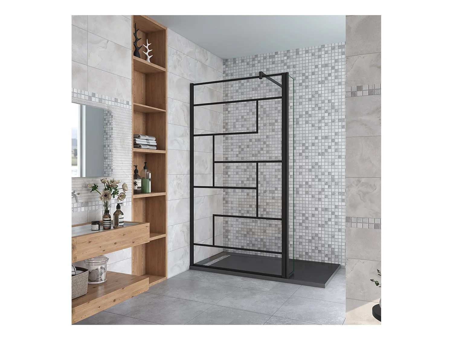 Douchewand-Inloopdouche 100cm draaibaar 40cm 8mm NANO EasyClean onregelmatig zwart rooster gezeefdruktglas+90cm Stabilisatiestang kan worden gesneden