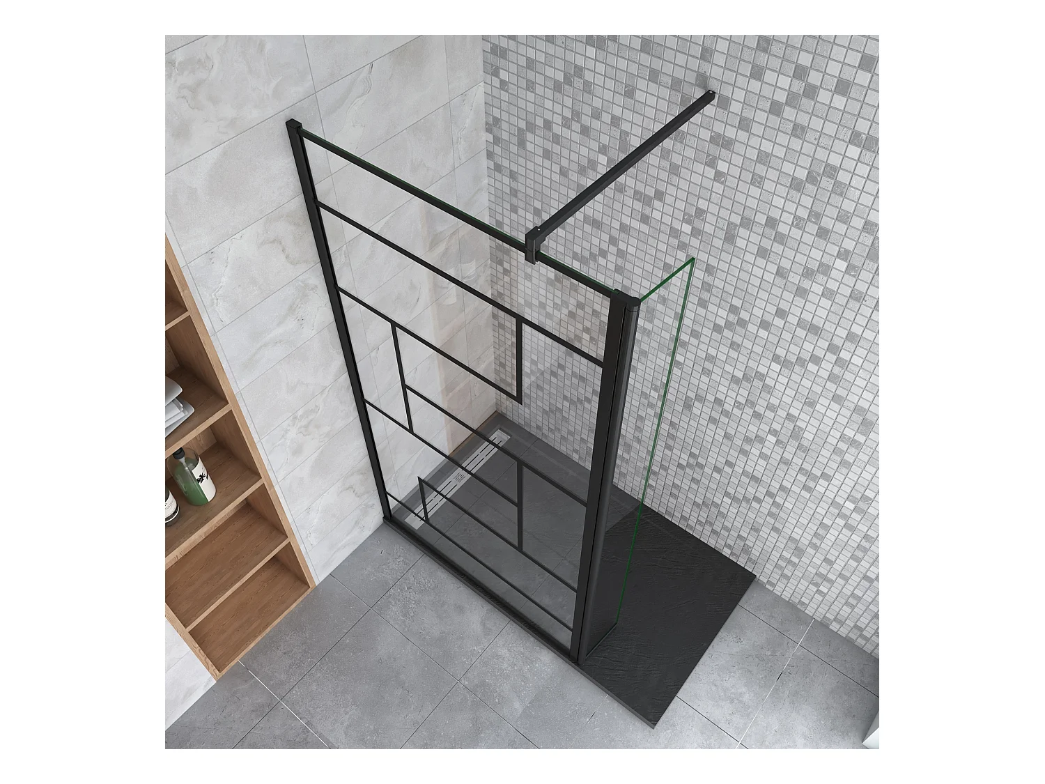 Douchewand-Inloopdouche 100cm draaibaar 40cm 8mm NANO EasyClean onregelmatig zwart rooster gezeefdruktglas+90cm Stabilisatiestang kan worden gesneden