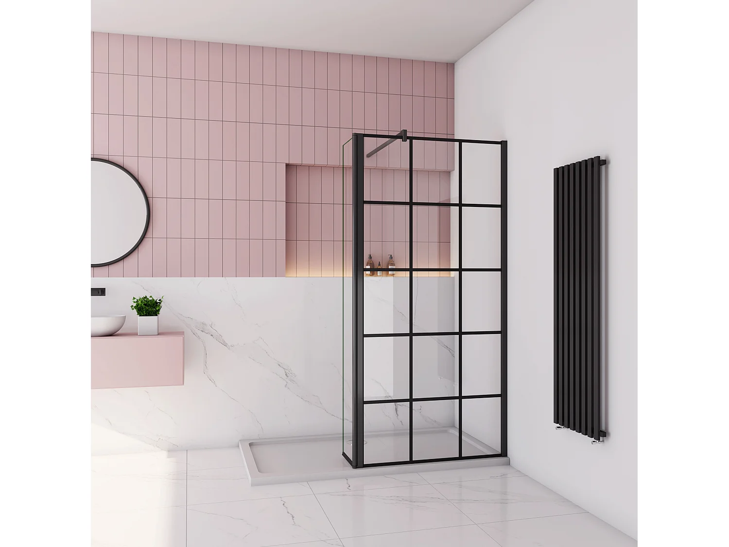 Douchewand-Inloopdouche 90cm draaibaar 40cm 8mm NANO EasyClean onregelmatig zwart rooster gezeefdruktglas 140cm Stabilisatiestang kan worden gesneden