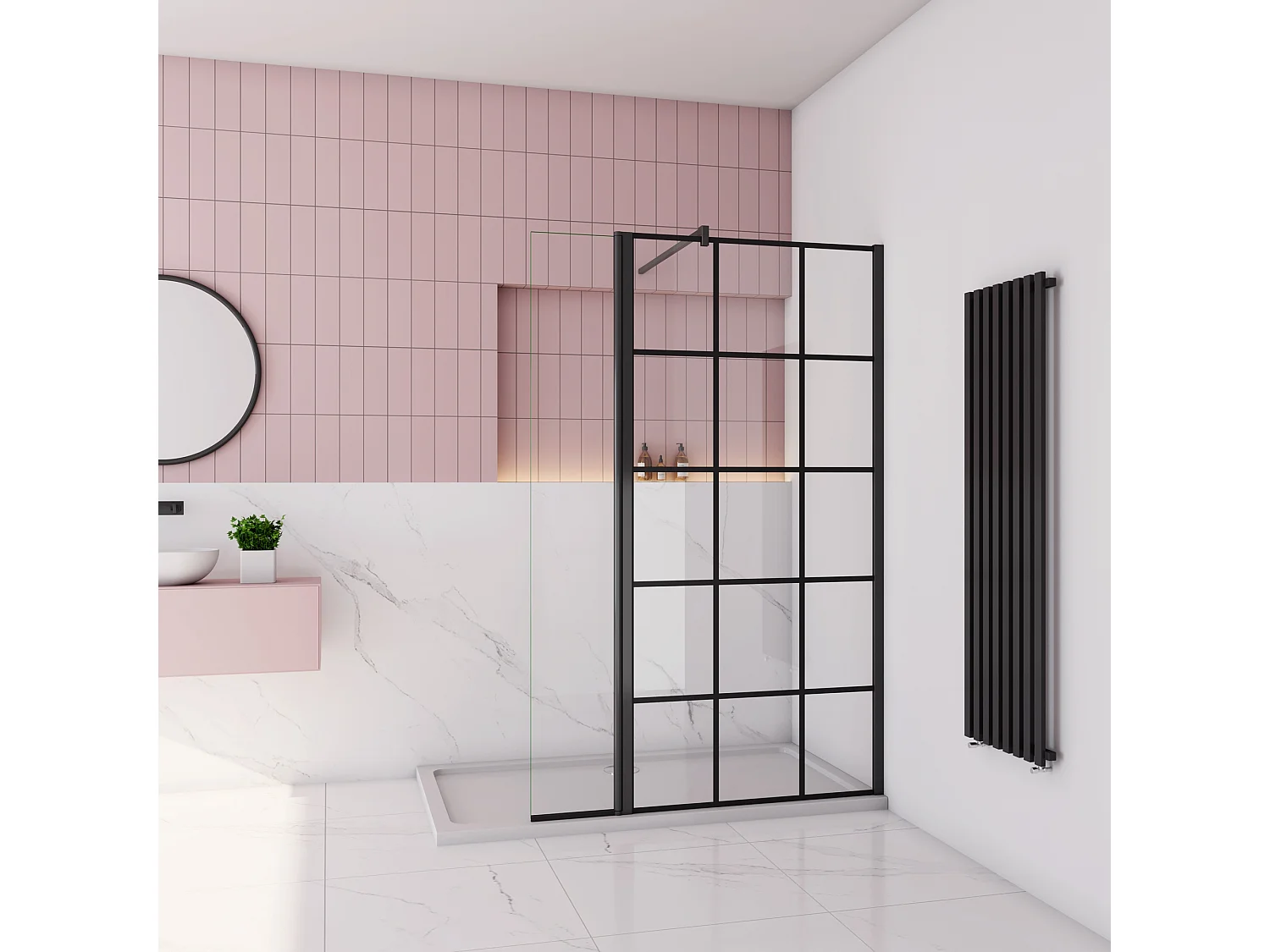 Douchewand-Inloopdouche 90cm draaibaar 40cm 8mm NANO EasyClean onregelmatig zwart rooster gezeefdruktglas 140cm Stabilisatiestang kan worden gesneden