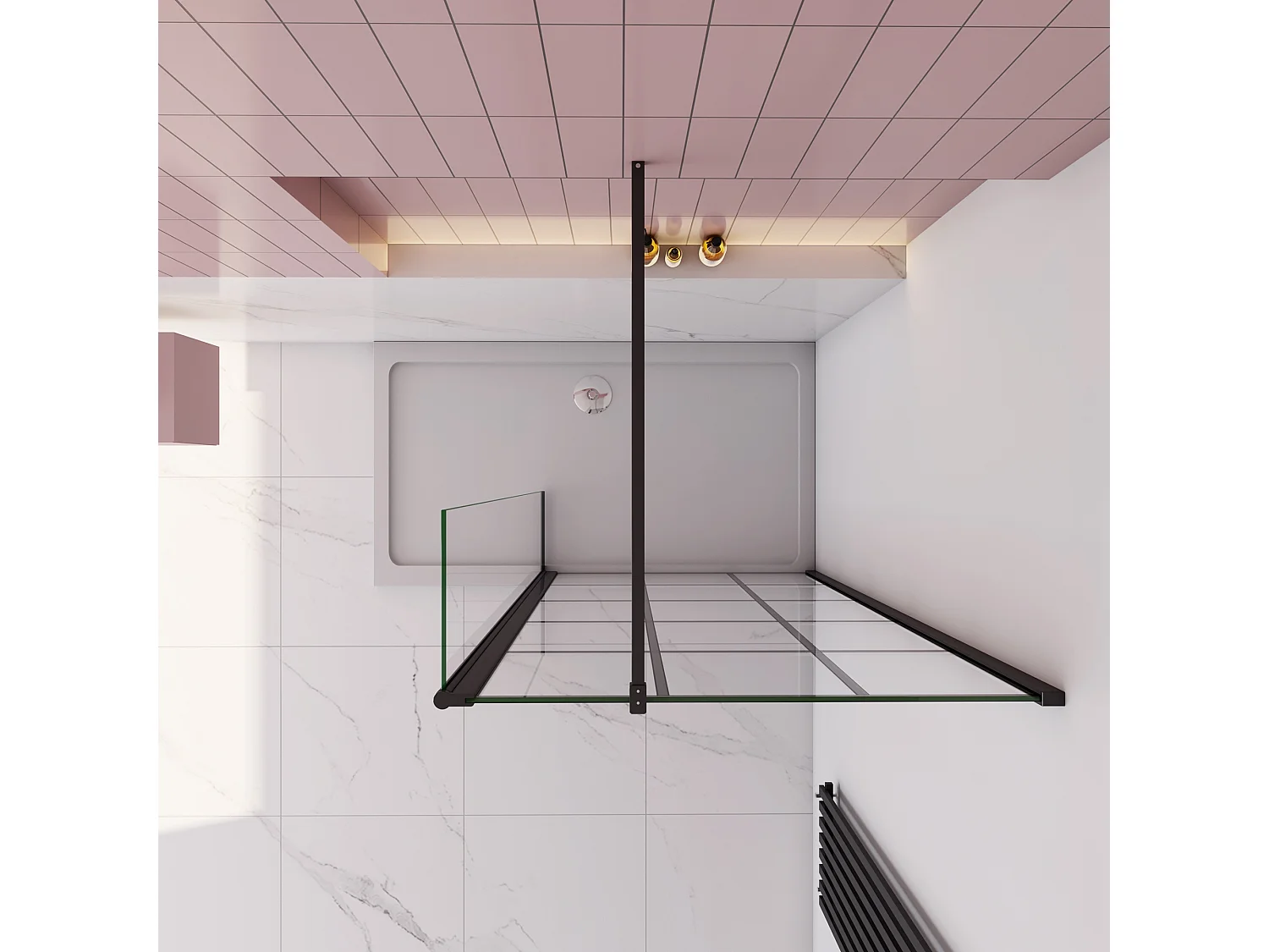 Douchewand-Inloopdouche 90cm draaibaar 40cm 8mm NANO EasyClean onregelmatig zwart rooster gezeefdruktglas 140cm Stabilisatiestang kan worden gesneden