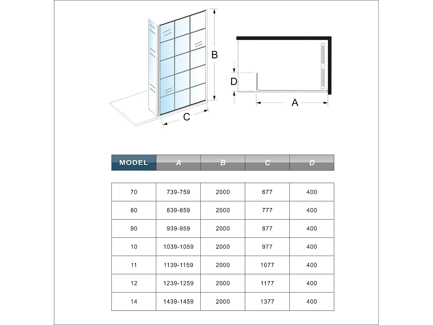 Douchewand-Inloopdouche 90cm draaibaar 40cm 8mm NANO EasyClean onregelmatig zwart rooster gezeefdruktglas 140cm Stabilisatiestang kan worden gesneden