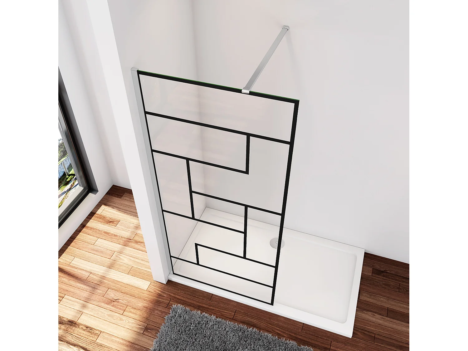 Douchewand-Inloopdouche 90x200cm 8mm NANO Easyclean zwart raster gezeefdrukt gehard glas glanzend chroom 90cm stabilisatiestang(kan worden gesneden)