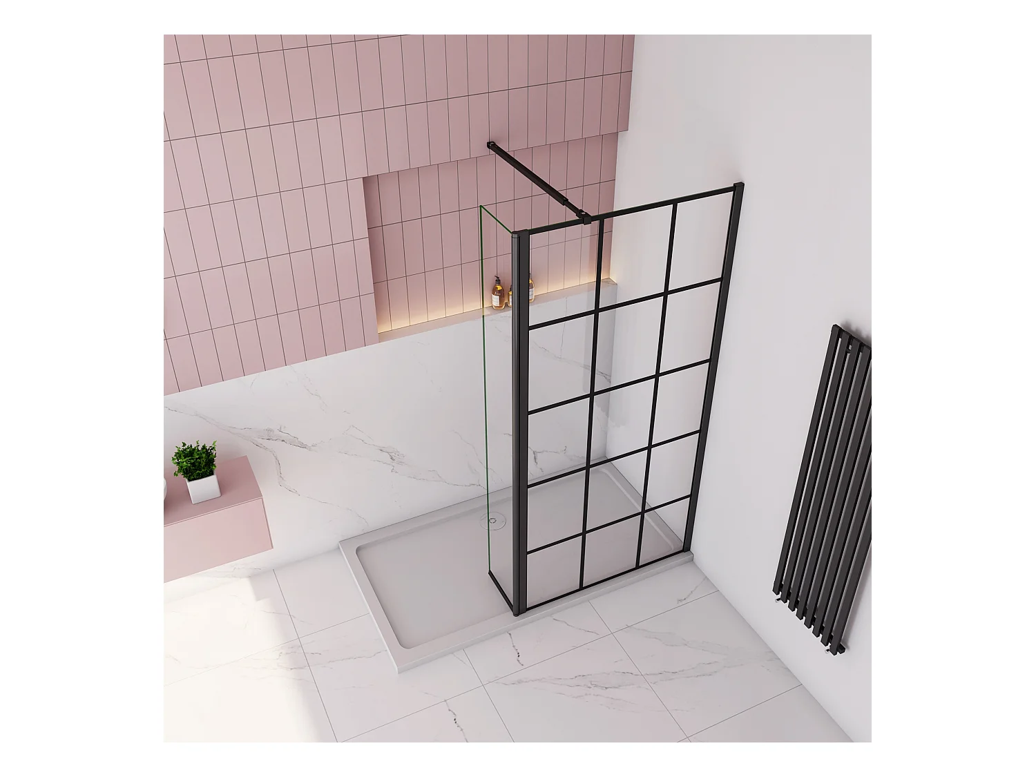 Douchewand-Inloopdouche 100cm draaibaar 40cm 8mm NANO EasyClean onregelmatig zwart rooster gezeefdruktglas 73-120cm Stabilisatiestang inkortbaar