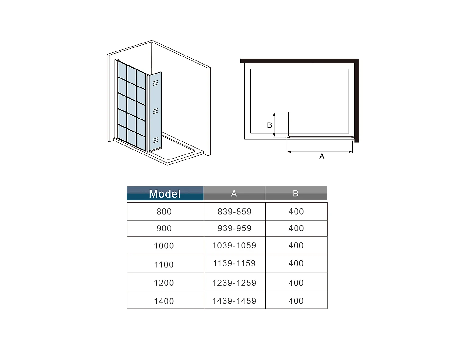 Douchewand-Inloopdouche 100cm draaibaar 40cm 8mm NANO EasyClean onregelmatig zwart rooster gezeefdruktglas 73-120cm Stabilisatiestang inkortbaar