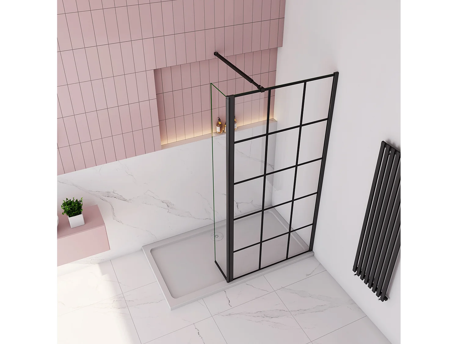 Douchewand-Inloopdouche 90cm draaibaar 30cm 8mm NANO EasyClean onregelmatig zwart rooster gezeefdruktglas 73-120cm Stabilisatiestang inkortbaar
